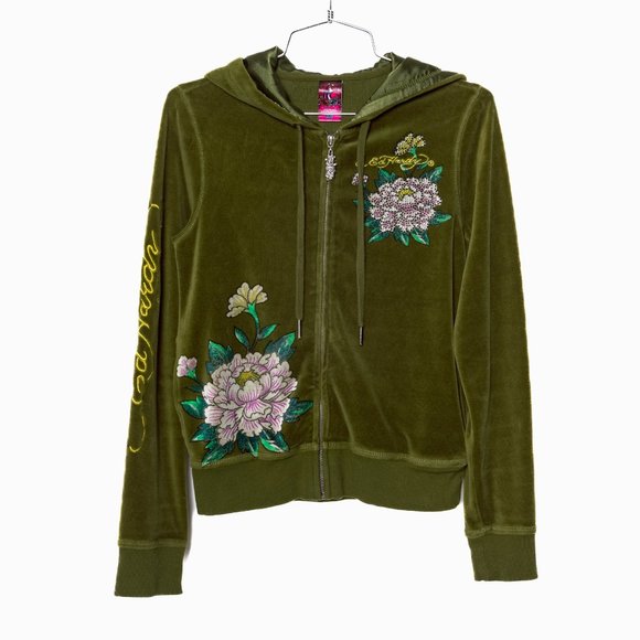 SOLD - Vintage Early 2000s Ed Hardy Green Velour Geisha Tracksuit - Size XS - Picture 3 of 16